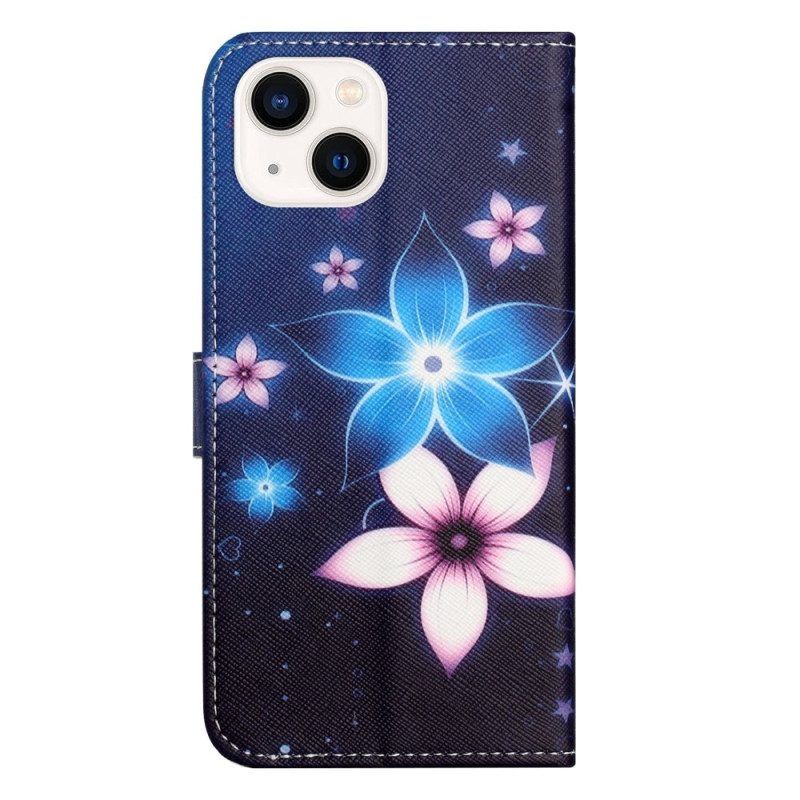 Flip Case Für iPhone 14 Plus Mit Kordel Mondriemenblumen