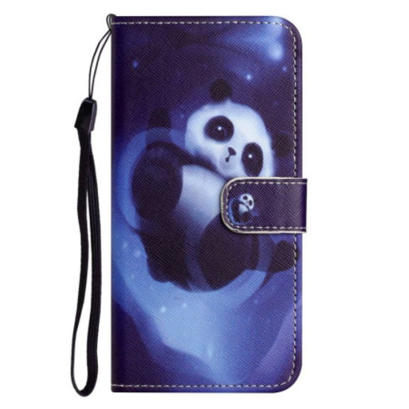 Lederhüllen Für iPhone 14 Plus Mit Kordel Panda Im Weltraum Mit Schlüsselband