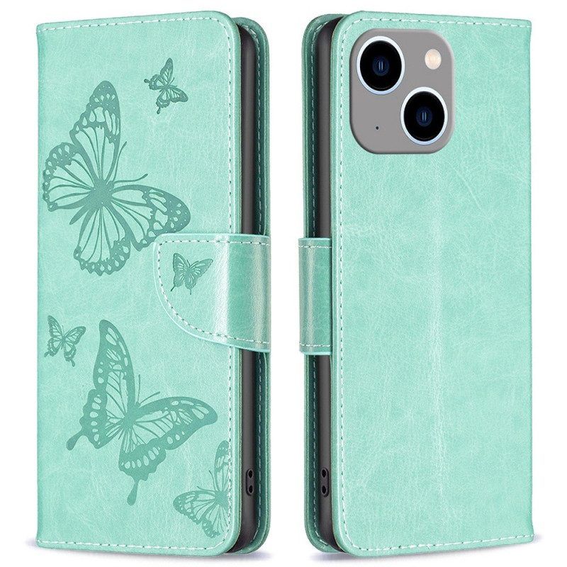 Lederhüllen Für iPhone 14 Plus Mit Kordel Riemchen Mit Schmetterlingen-print