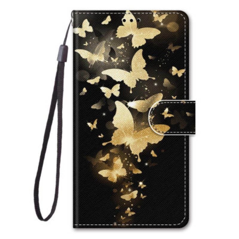 Flip Case Für Xiaomi 12 / 12X Mit Kordel Goldene Schmetterlinge Mit Riemen
