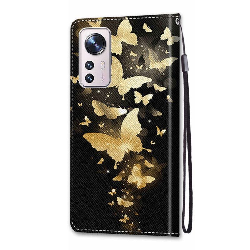 Flip Case Für Xiaomi 12 / 12X Mit Kordel Goldene Schmetterlinge Mit Riemen