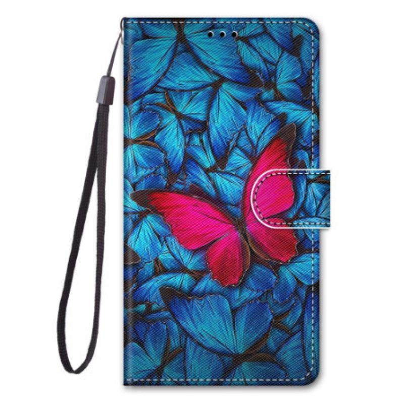 Flip Case Für Xiaomi 12 / 12X Mit Kordel Roter Schmetterling Mit Riemen