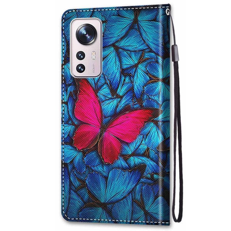 Flip Case Für Xiaomi 12 / 12X Mit Kordel Roter Schmetterling Mit Riemen