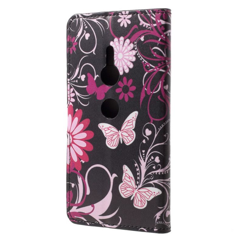 Lederhüllen Für Sony Xperia XZ2 Schwarz Schmetterlinge Und Blumen