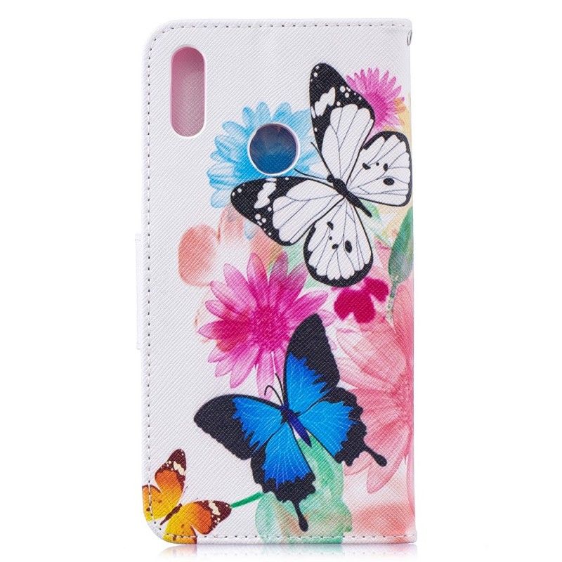 Lederhüllen Huawei Y7 2019 Hellblau Bemalte Schmetterlinge Und Blumen