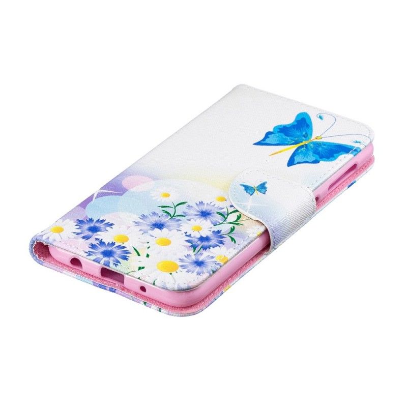 Lederhüllen Samsung Galaxy A10 Pink Bemalte Schmetterlinge Und Blumen
