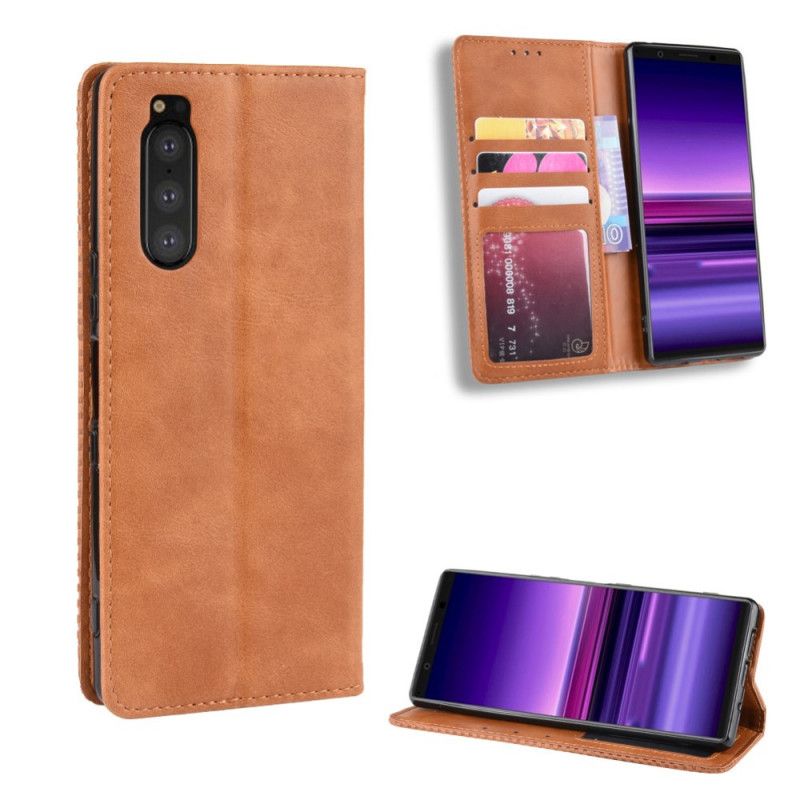 Flip Case Für Sony Xperia 5 Schwarz Stilisierter Vintage-Ledereffekt