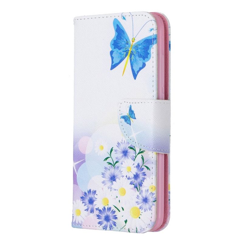 Lederhüllen Xiaomi Redmi 7A Pink Bemalte Schmetterlinge Und Blumen