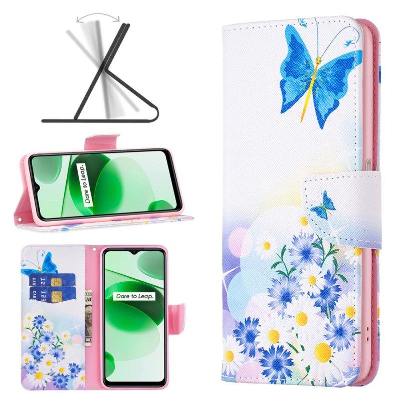 Flip Case Für Realme C35 Blumen Schmetterlinge