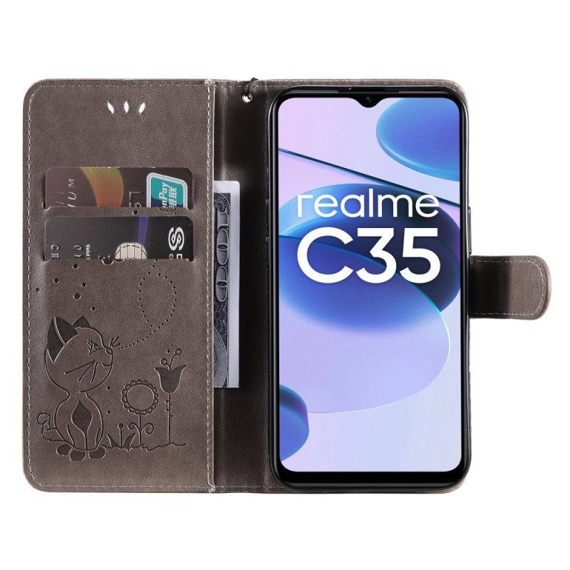 Flip Case Für Realme C35 Mit Kordel Katzenblumen-bienen-strappy