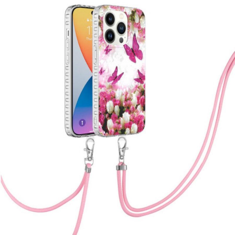 Handyhülle Für iPhone 14 Pro Mit Kordel Schmetterlinge Im Kordelzug-stil