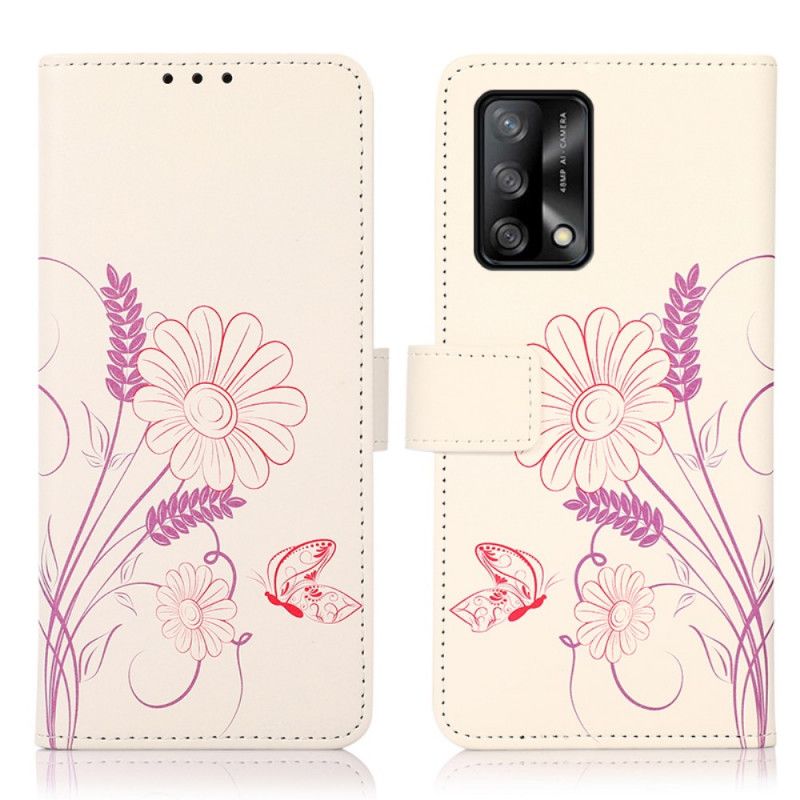 Lederhüllen Für Oppo A74 4g Schmetterlinge Und Blumen Zeichnen