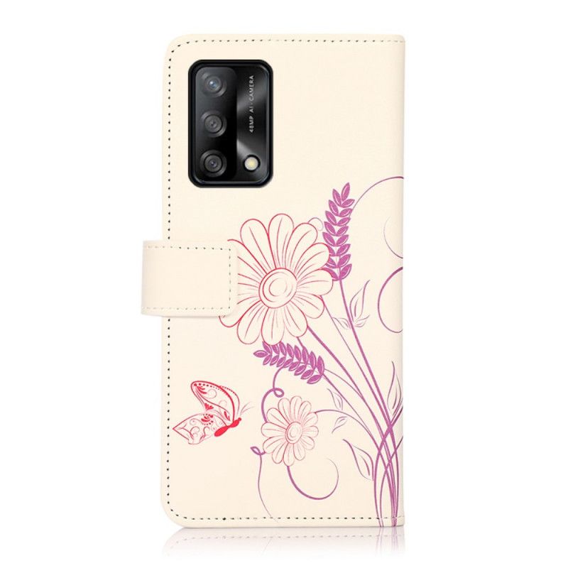 Lederhüllen Für Oppo A74 4g Schmetterlinge Und Blumen Zeichnen