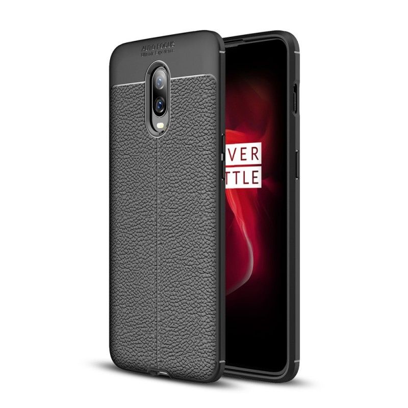 Hülle OnePlus 6T Schwarz Doppellinien-Litschileder-Effekt