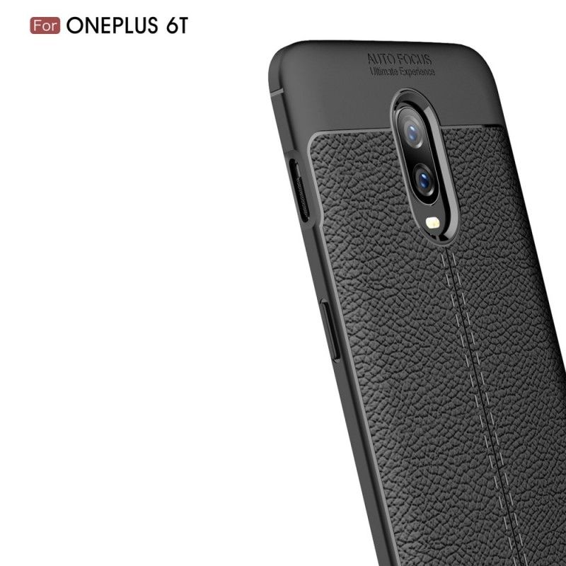 Hülle OnePlus 6T Schwarz Doppellinien-Litschileder-Effekt