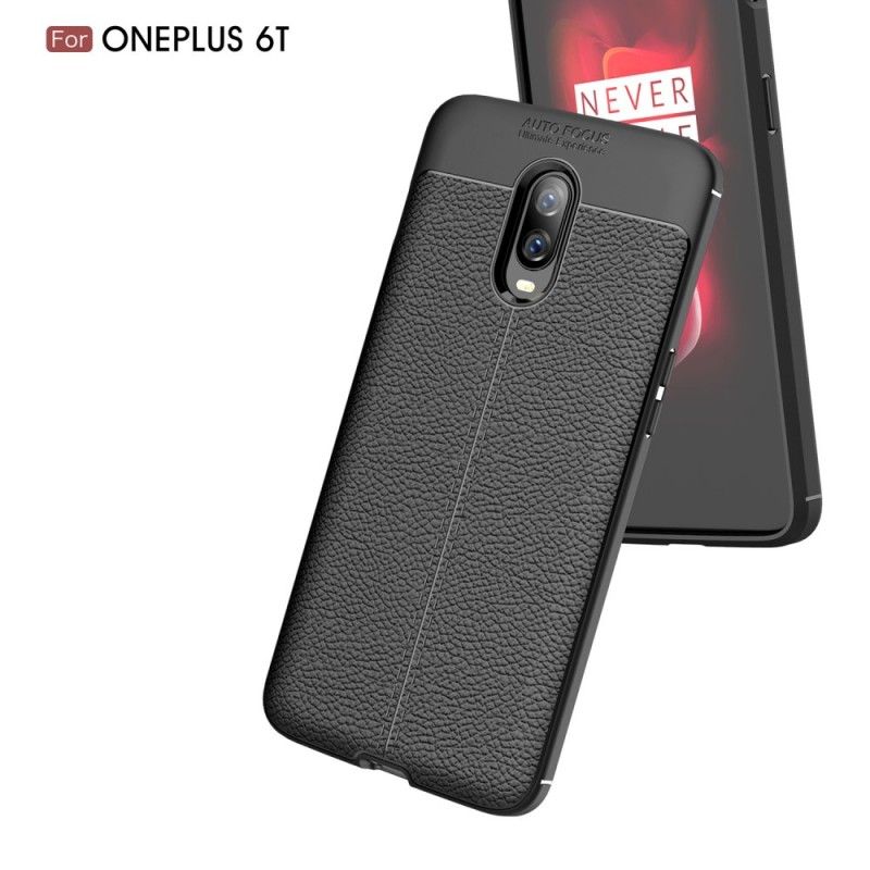 Hülle OnePlus 6T Schwarz Doppellinien-Litschileder-Effekt