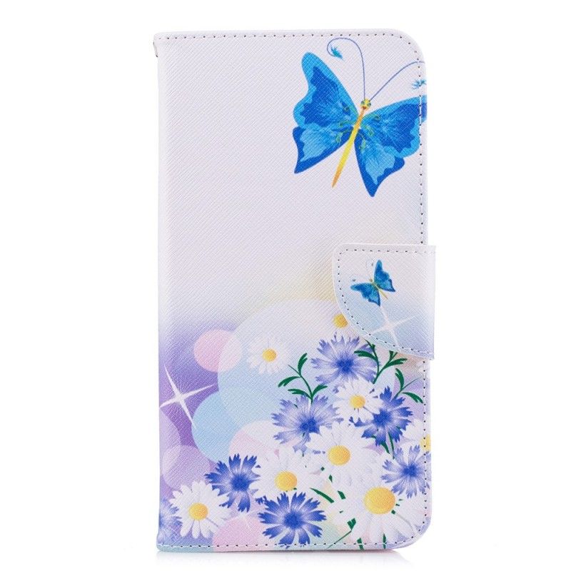 Lederhüllen Huawei Y7 2018 Hellblau Bemalte Schmetterlinge Und Blumen