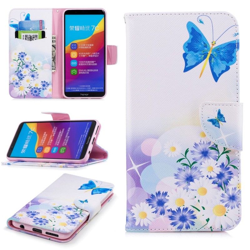 Lederhüllen Huawei Y7 2018 Hellblau Bemalte Schmetterlinge Und Blumen