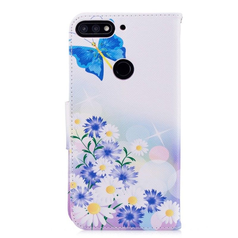 Lederhüllen Huawei Y7 2018 Hellblau Bemalte Schmetterlinge Und Blumen