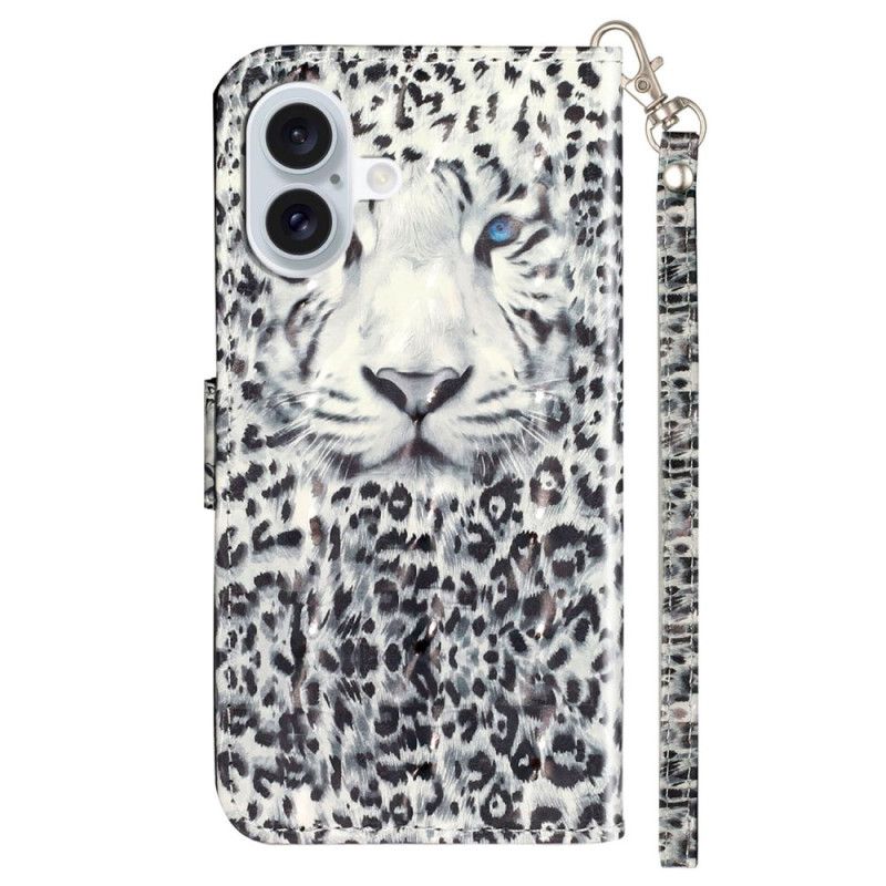 Lederhüllen iPhone 16 Plus Handyhülle Leopardenkopf Mit Riemen