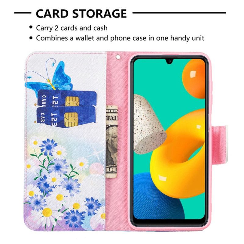 Lederhüllen Samsung Galaxy M32 Handyhülle Gemalte Schmetterlinge Und Blumen