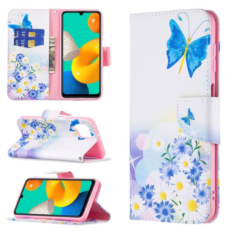 Lederhüllen Samsung Galaxy M32 Handyhülle Gemalte Schmetterlinge Und Blumen