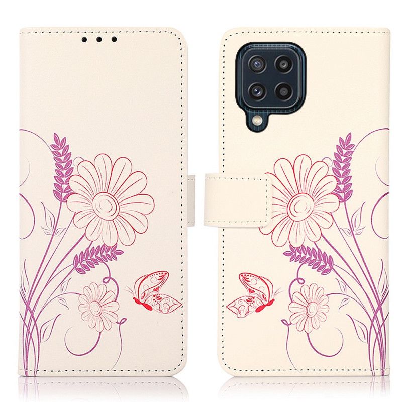 Lederhüllen Samsung Galaxy M32 Handyhülle Schmetterlinge Und Blumen Zeichnen