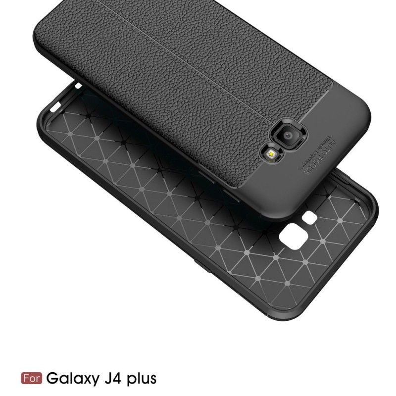 Hülle Samsung Galaxy J4 Plus Schwarz Doppellinien-Litschileder-Effekt