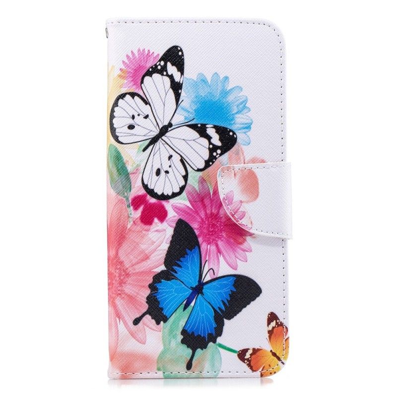 Lederhüllen Für Samsung Galaxy J4 Plus Magenta Bemalte Schmetterlinge Und Blumen