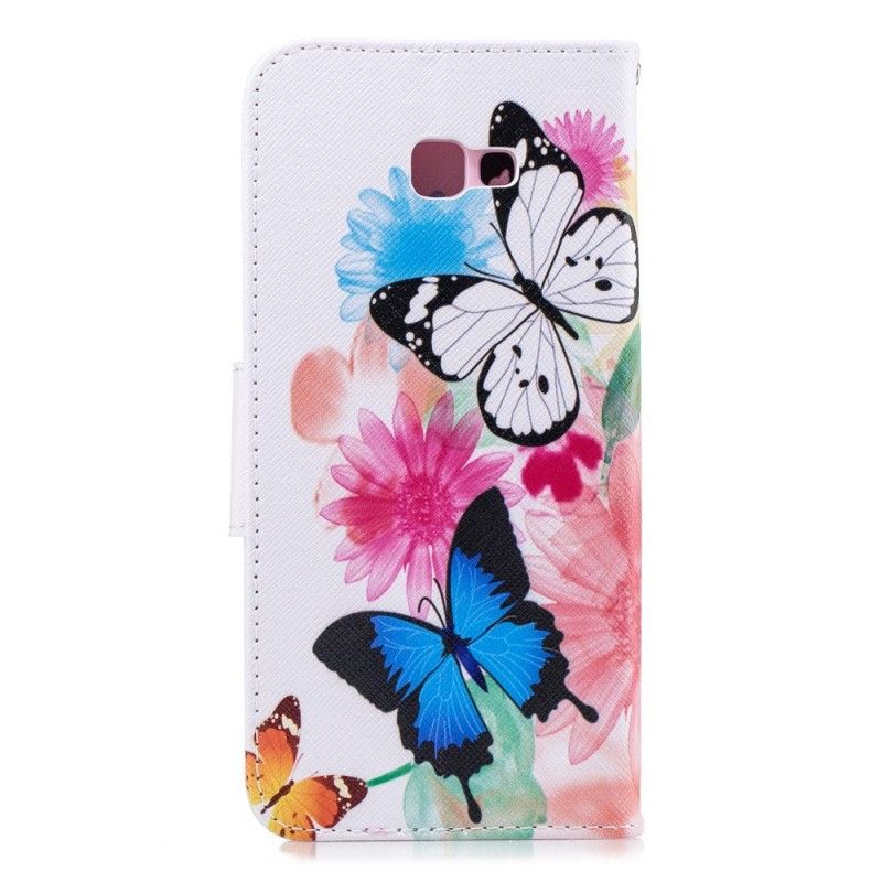 Lederhüllen Für Samsung Galaxy J4 Plus Magenta Bemalte Schmetterlinge Und Blumen