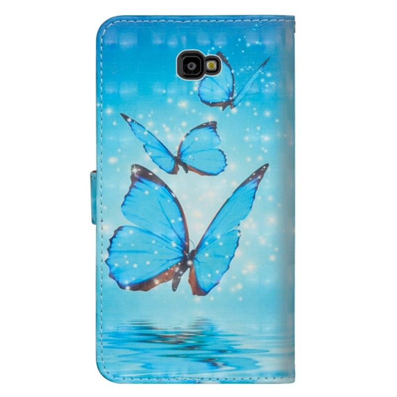 Lederhüllen Samsung Galaxy J4 Plus Handyhülle Fliegende Blaue Schmetterlinge