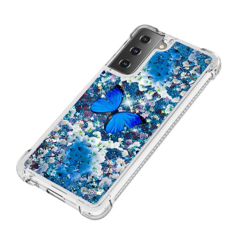 Hülle Für Samsung Galaxy S21 Plus 5G Blaue Glitzerschmetterlinge