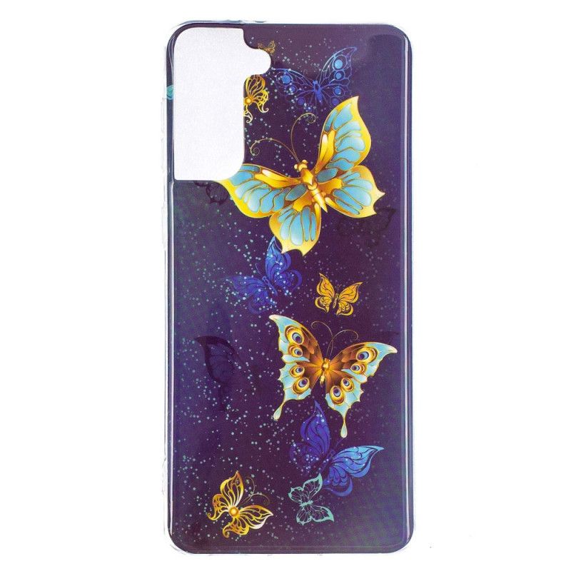 Hülle Samsung Galaxy S21 Plus 5G Dunkelblau Fluoreszierende Schmetterlingsreihe