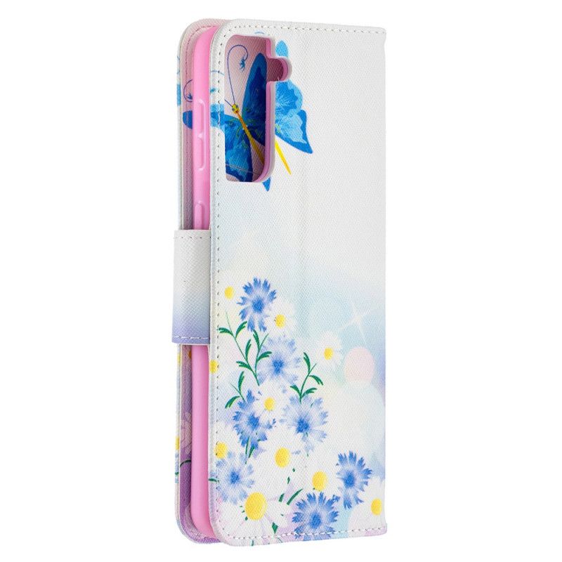 Lederhüllen Für Samsung Galaxy S21 Plus 5G Magenta Bemalte Schmetterlinge Und Blumen