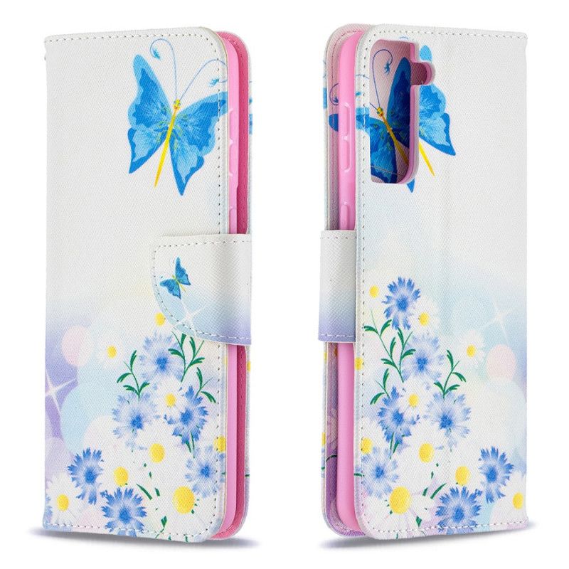 Lederhüllen Für Samsung Galaxy S21 Plus 5G Magenta Bemalte Schmetterlinge Und Blumen