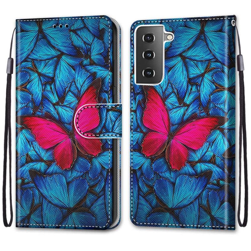 Lederhüllen Für Samsung Galaxy S21 Plus 5G Roter Schmetterling Auf Blauem Hintergrund