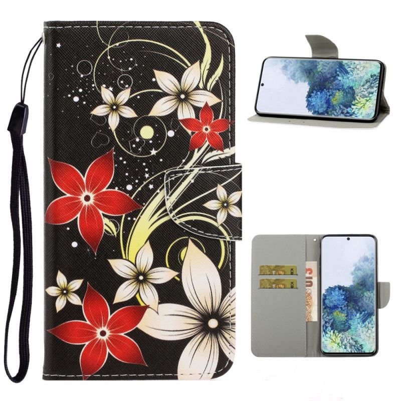 Lederhüllen Samsung Galaxy S21 Plus 5G Bunte Blumen Mit Einem Riemen