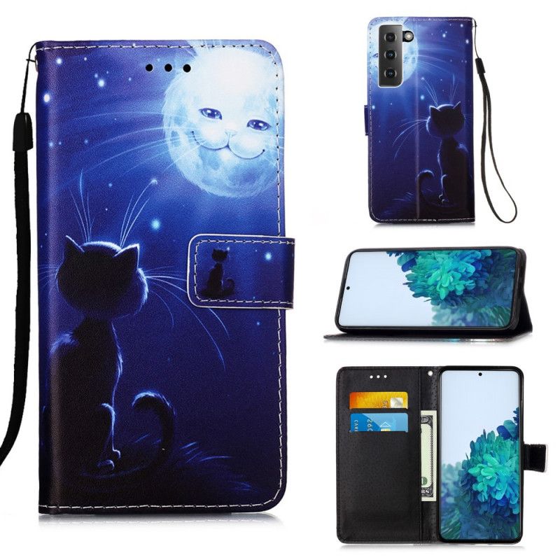Lederhüllen Samsung Galaxy S21 Plus 5G Katze Im Mondlicht