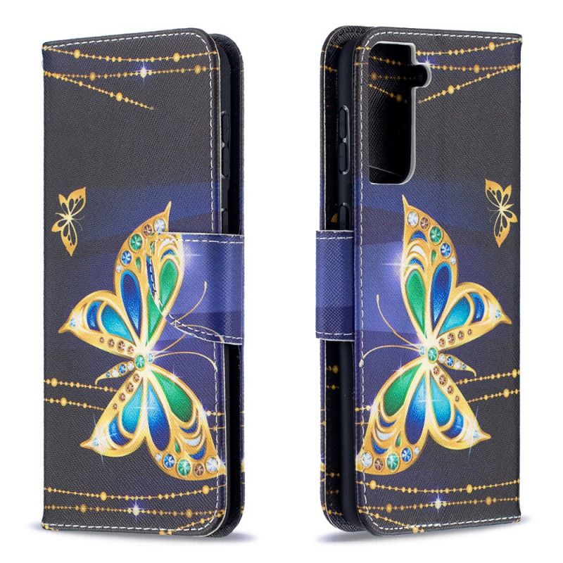 Lederhüllen Samsung Galaxy S21 Plus 5G Schwarz Königliche Schmetterlinge