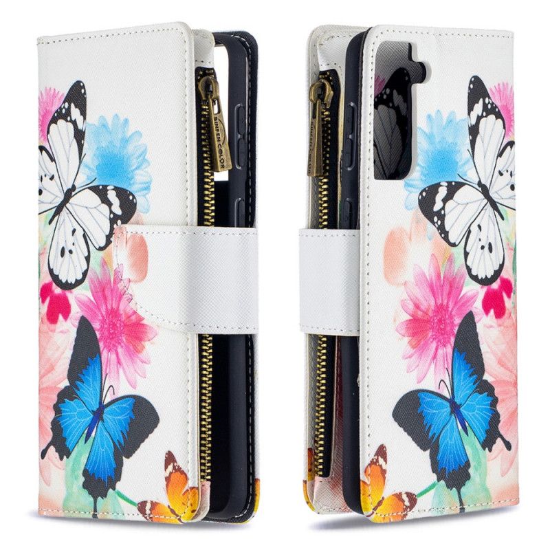 Lederhüllen Samsung Galaxy S21 Plus 5G Schwarz Schmetterlingstasche Mit Reißverschluss