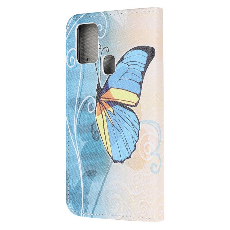 Lederhüllen Samsung Galaxy M21 Blauer Und Gelber Schmetterling