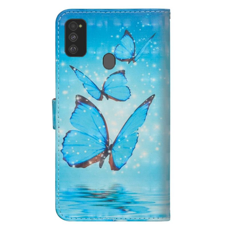 Lederhüllen Samsung Galaxy M21 Fliegende Blaue Schmetterlinge
