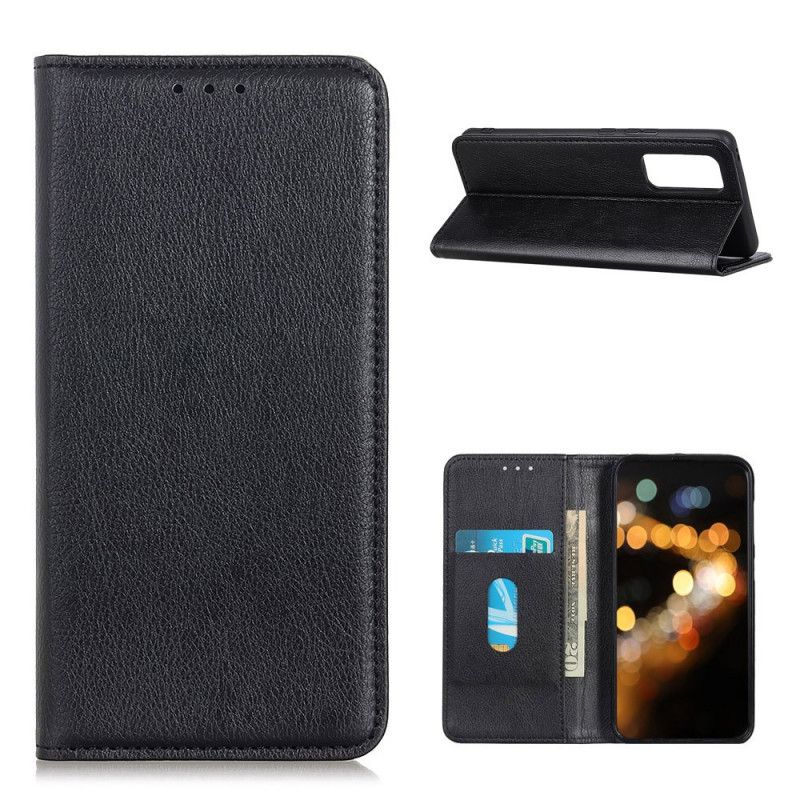 Flip Case OnePlus 9 Schwarz Litschi-Spaltleder