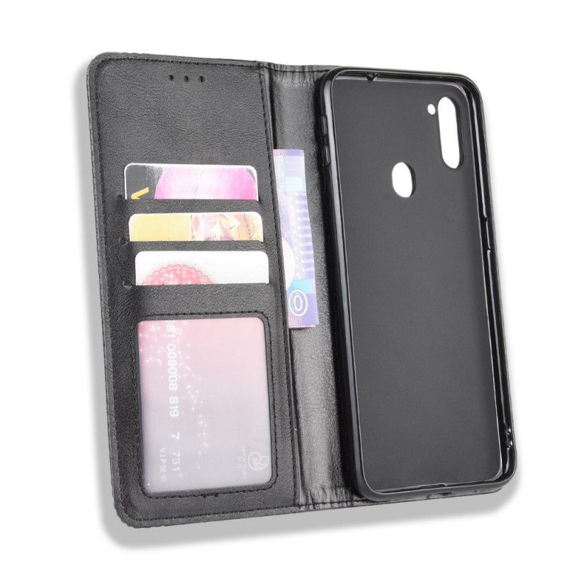 Flip Case Samsung Galaxy M11 Schwarz Stilisierter Vintage-Ledereffekt