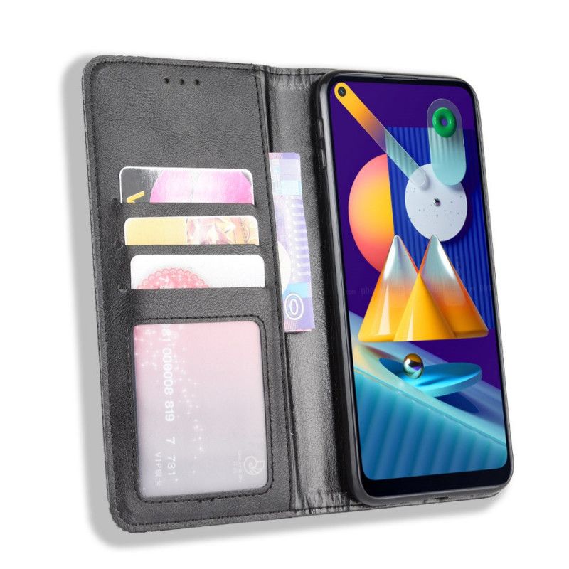 Flip Case Samsung Galaxy M11 Schwarz Stilisierter Vintage-Ledereffekt