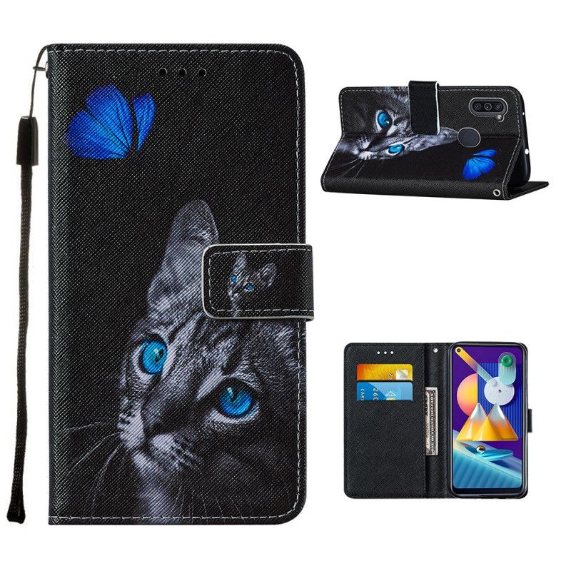 Lederhüllen Für Samsung Galaxy M11 Katze Und Blauer Schmetterling