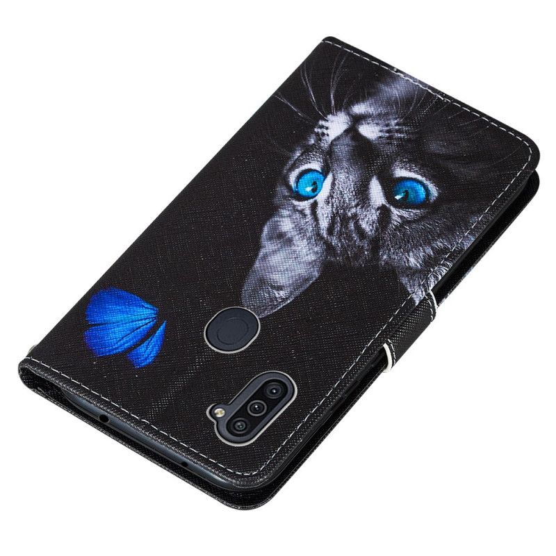 Lederhüllen Für Samsung Galaxy M11 Katze Und Blauer Schmetterling