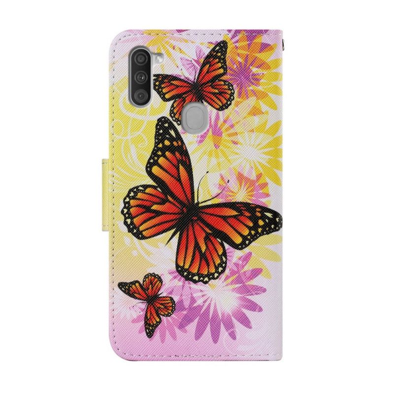 Lederhüllen Samsung Galaxy M11 Gelb Schmetterlinge Und Sommerblumen