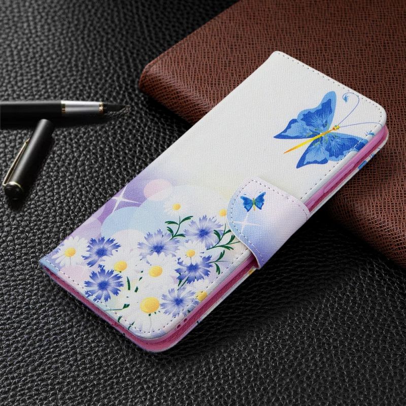 Lederhüllen Samsung Galaxy M11 Magenta Bemalte Schmetterlinge Und Blumen