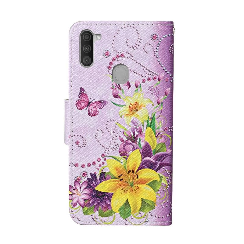 Lederhüllen Samsung Galaxy M11 Magenta Meisterhafte Blumen Mit Tanga